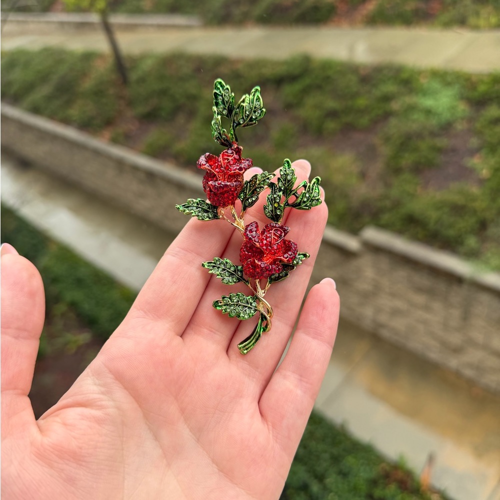 Red Crystal Rose Brooch | Floral Rhinestone Statement Pin - Picture 3 of 5